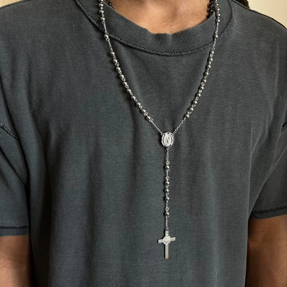 y2k 2000s chrome silver rosary bead necklace